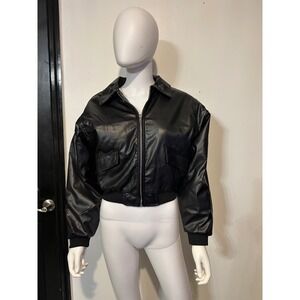 Black Faux Leather Bomber Jacket Cropped Zip Up Faux Leather Moto Coat Womens